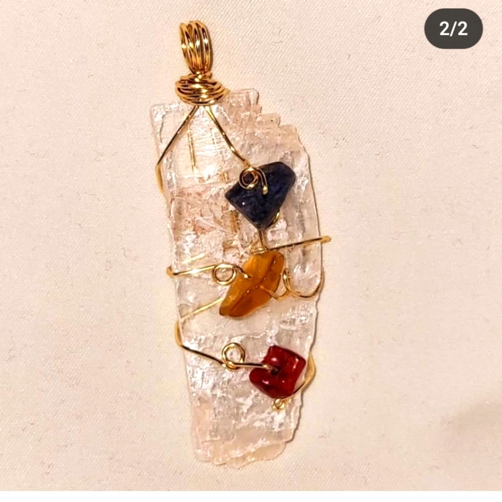 Handcrafted Crystal Selenite Pendant with Gold Wire and Multicolor Stones